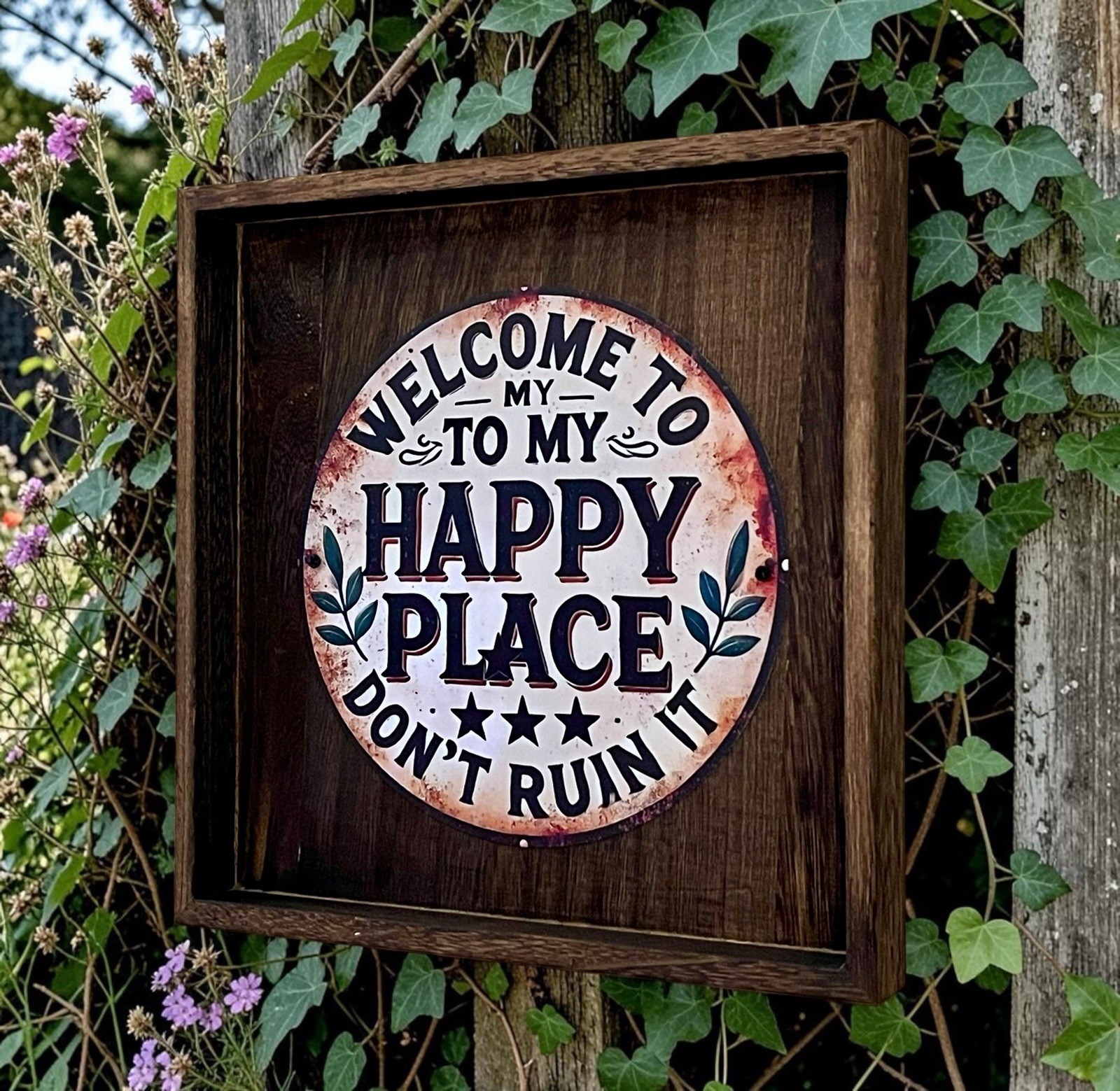 Rustic “Welcome to My Happy Place” Wood Wall Hanging – 11” – Ready to Hang
