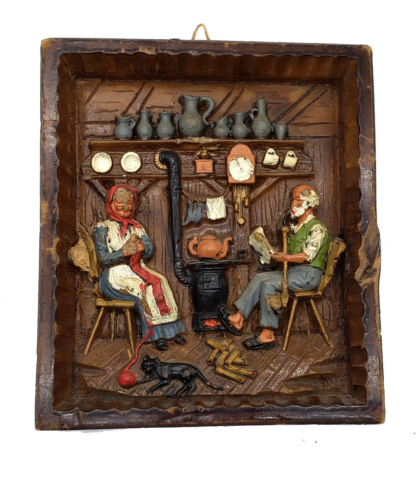 Vintage German 3D Wax Folk Art Wall Plaques Pair Hand Crafted Painted