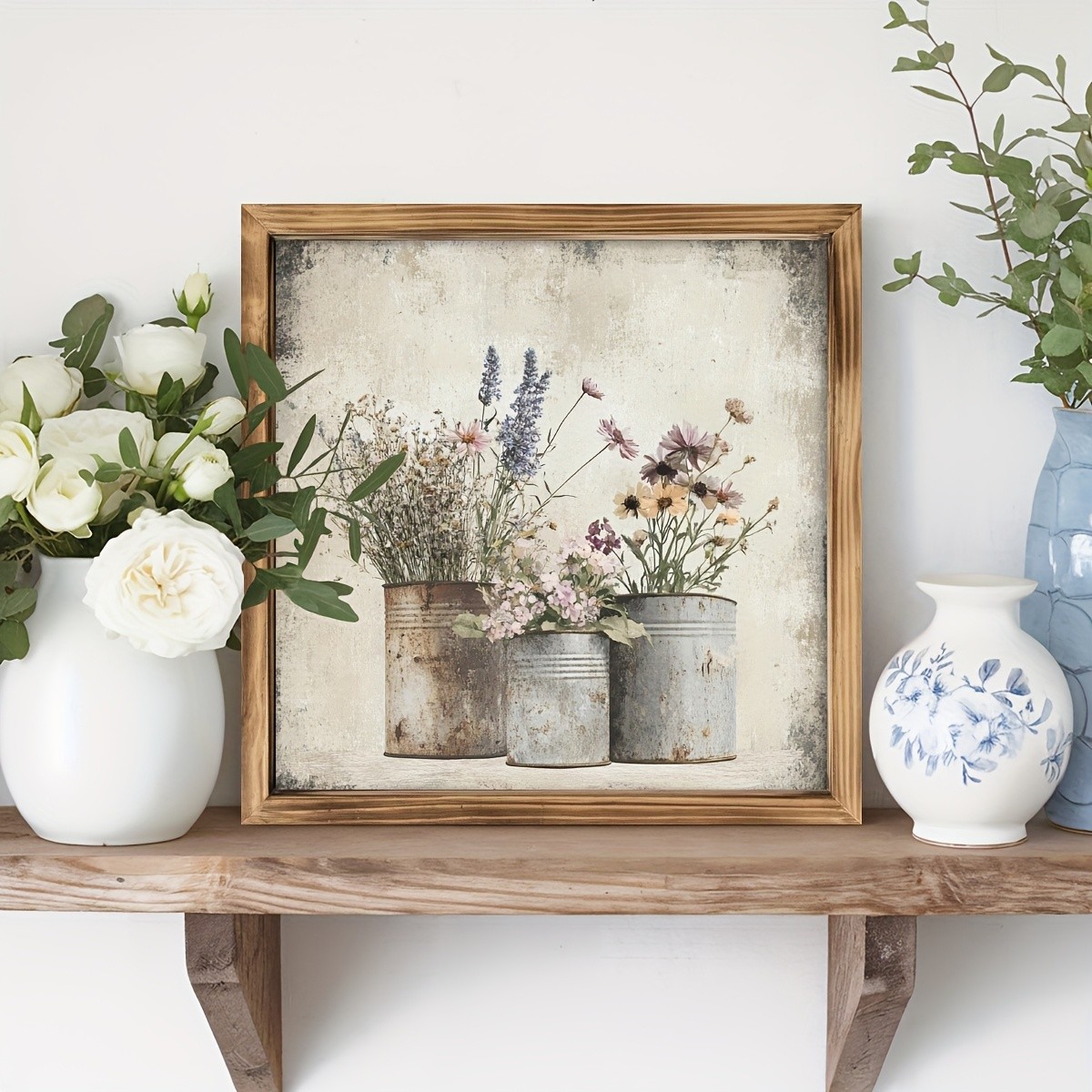 2D Vintage Dry Flower Wall Art Rustic Wood Frame Farmhouse Room Kitchen Decor