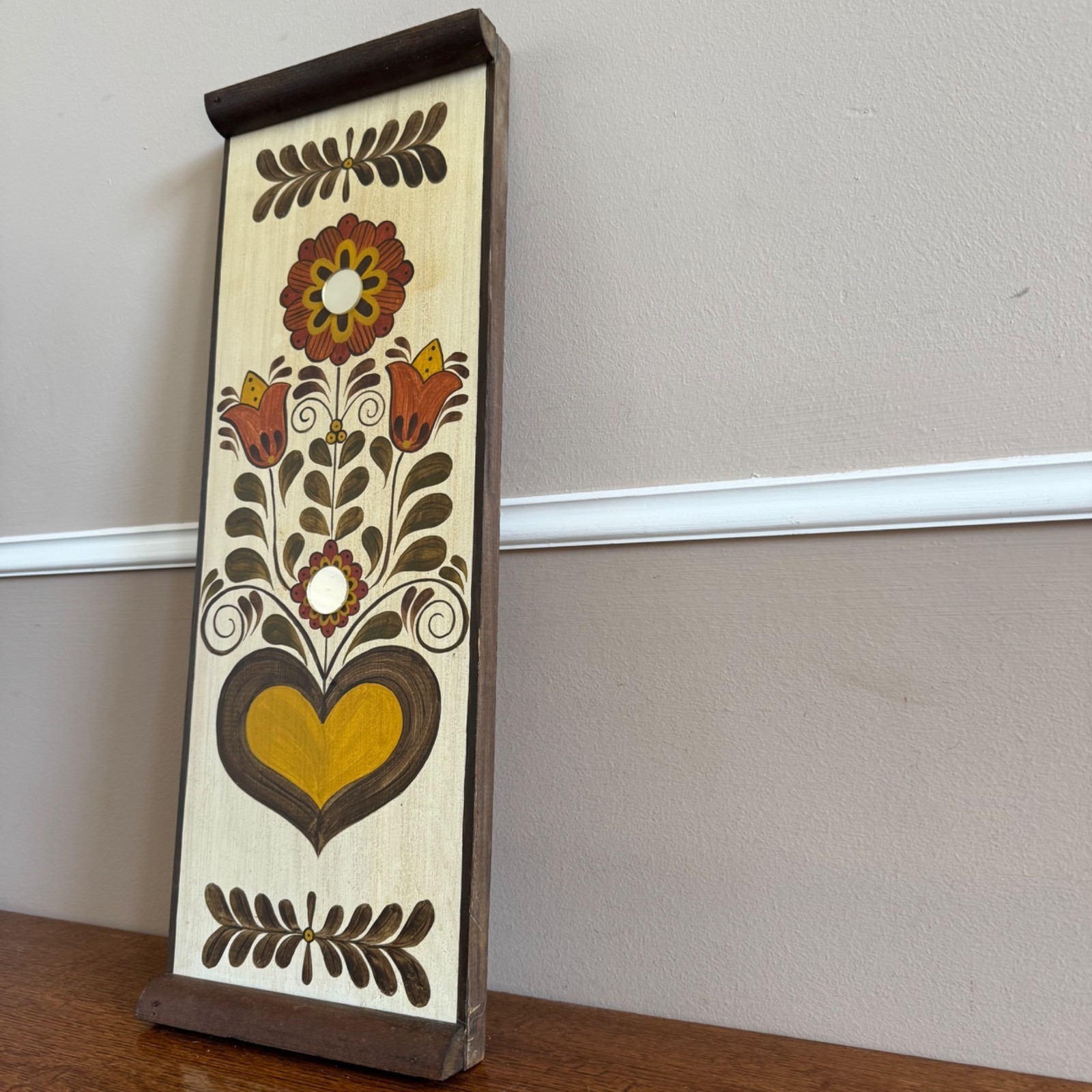 Hand-Painted Folk Art Wooden Wall Plaque With Heart & Floral Design