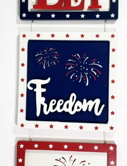 Let Freedom Ring Patriotic Hanging Sign Wood and Metal 23.25 in x 6.5 in NWT