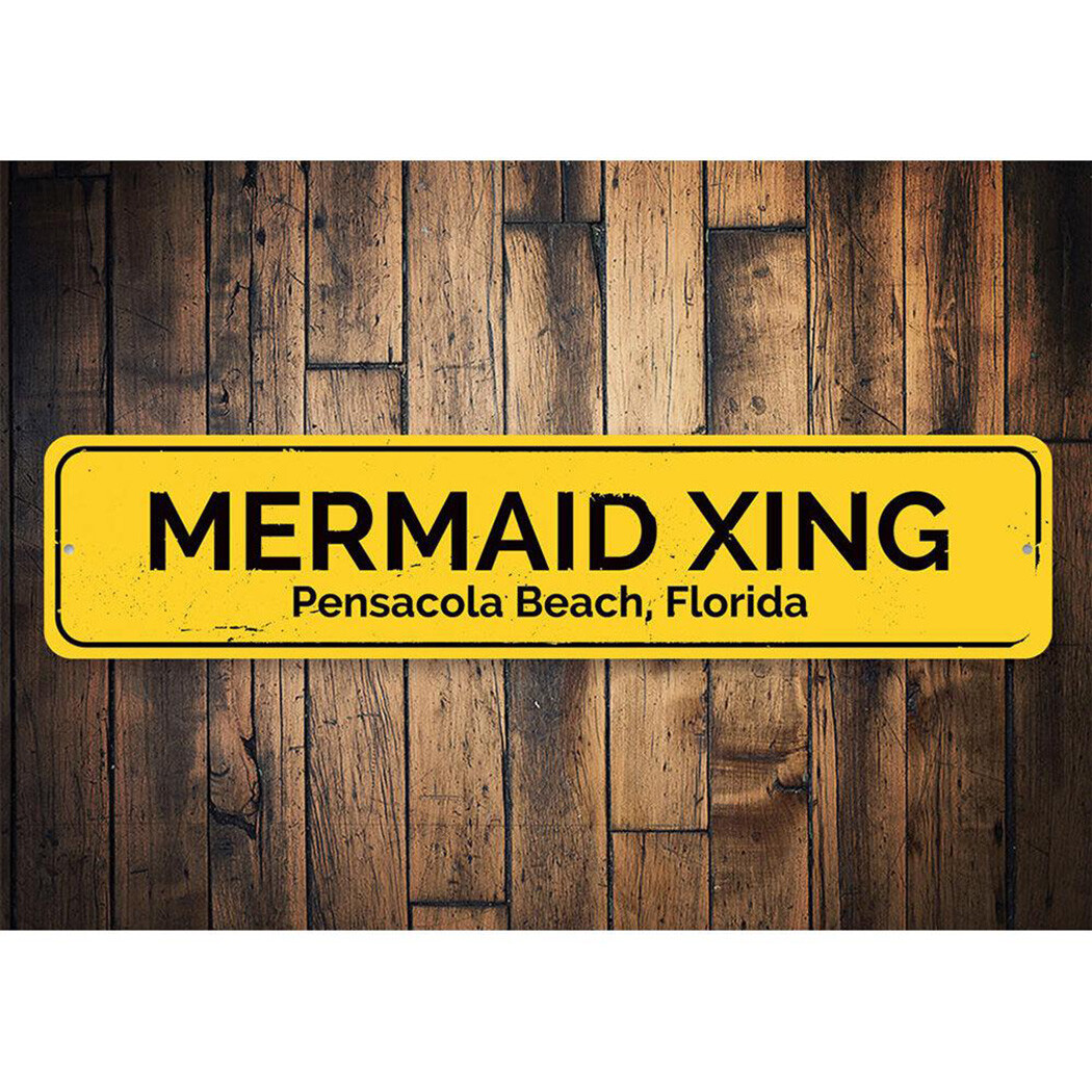 Mermaid Xing Sign, Personalized Beach Location Crossing Sign Metal Decor Sign