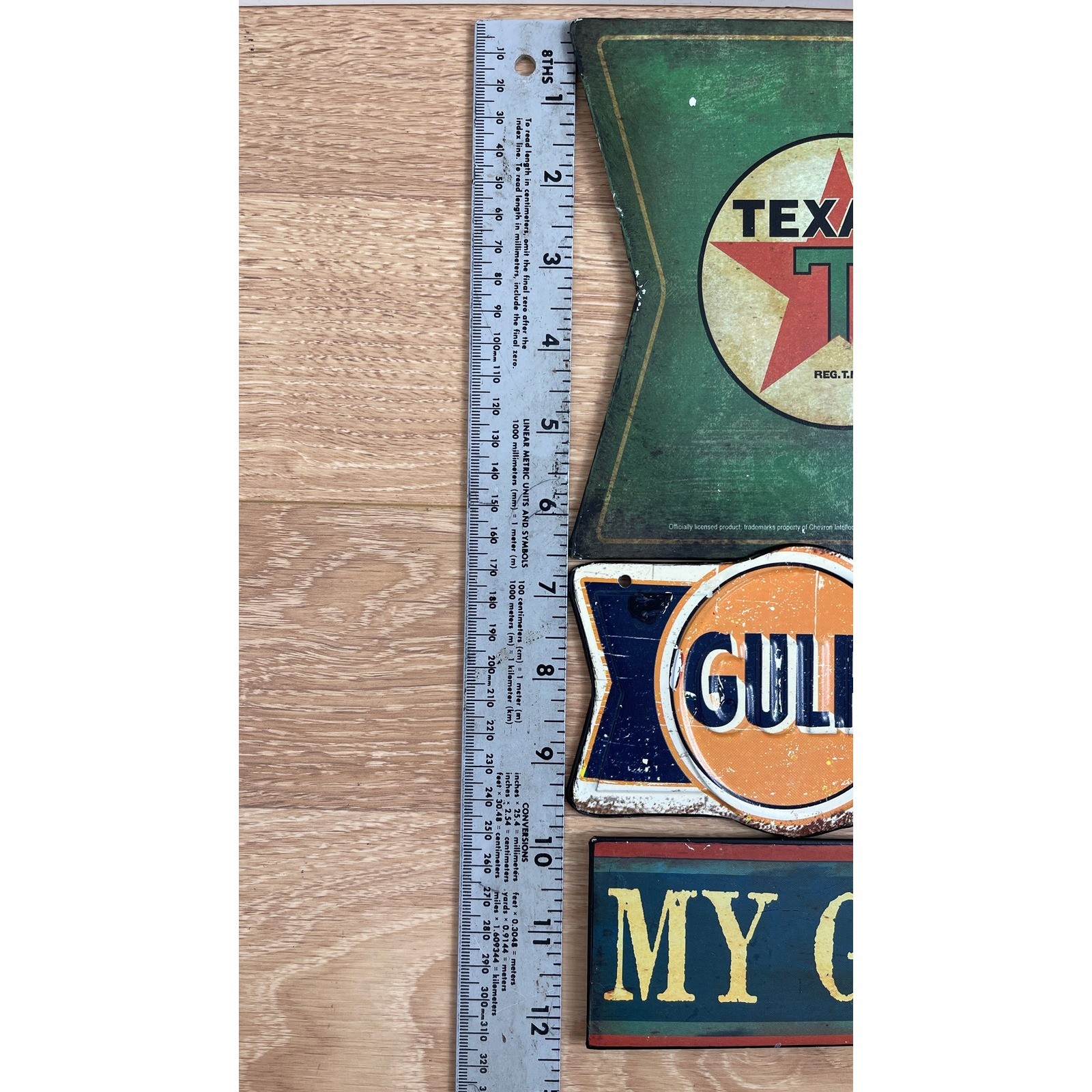 Texaco Gulf Gas Oil Metal Sign Set Garage My Rules 3pc Wall Decor