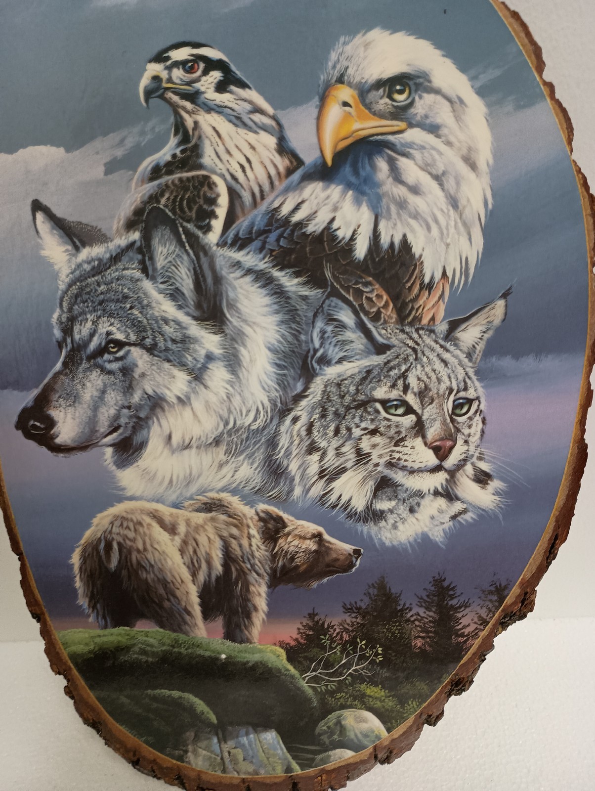Vintage Hand Carved Slice Of Wood Wolf Animal Collage Wall Art Plaque Painted