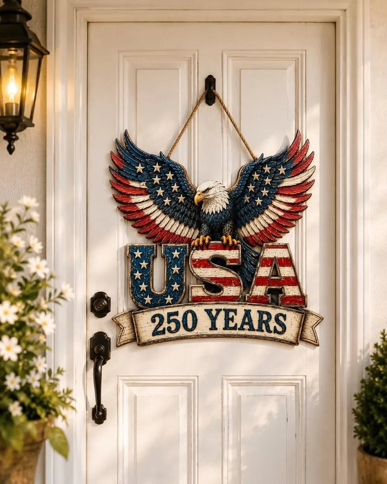 America 250th Anniversary Eagle Decor, Patriotic Wooden Door Hanger