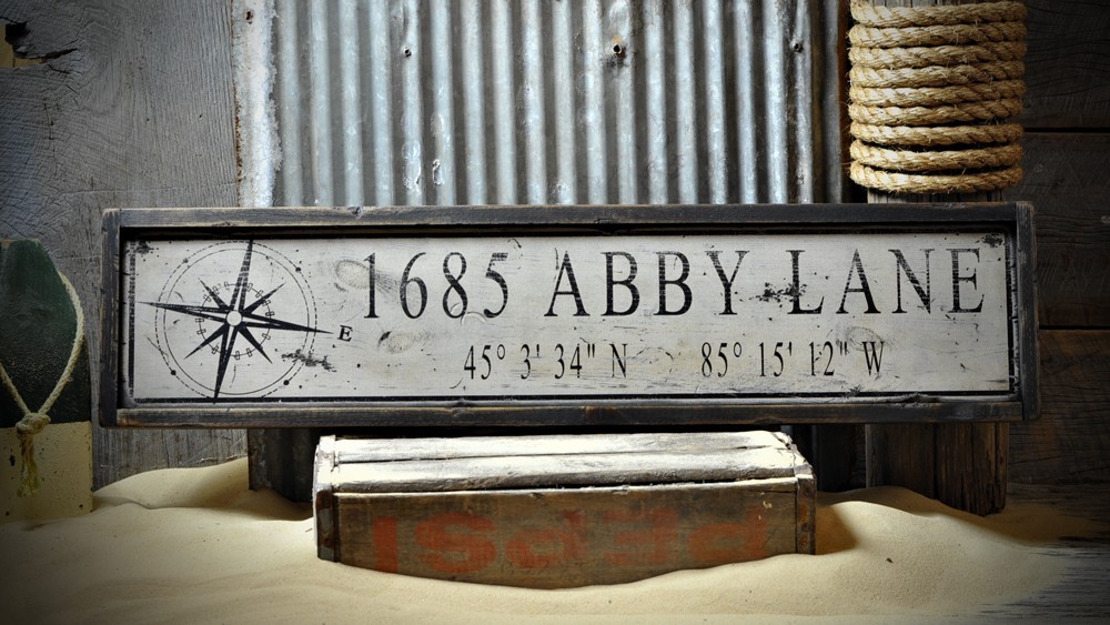 Custom Address Lat & Long Sign – Rustic Hand Made Vintage Wooden