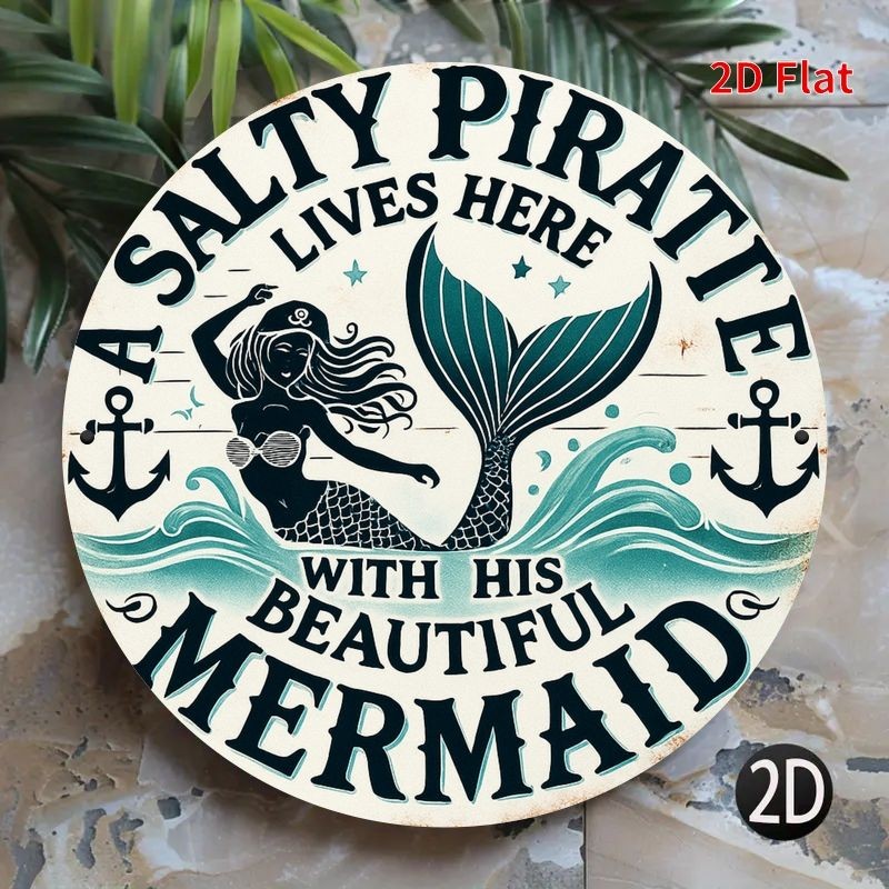 Vintage Salty Pirate Mermaid Round Metal Sign Nautical Coastal Wall Decoration