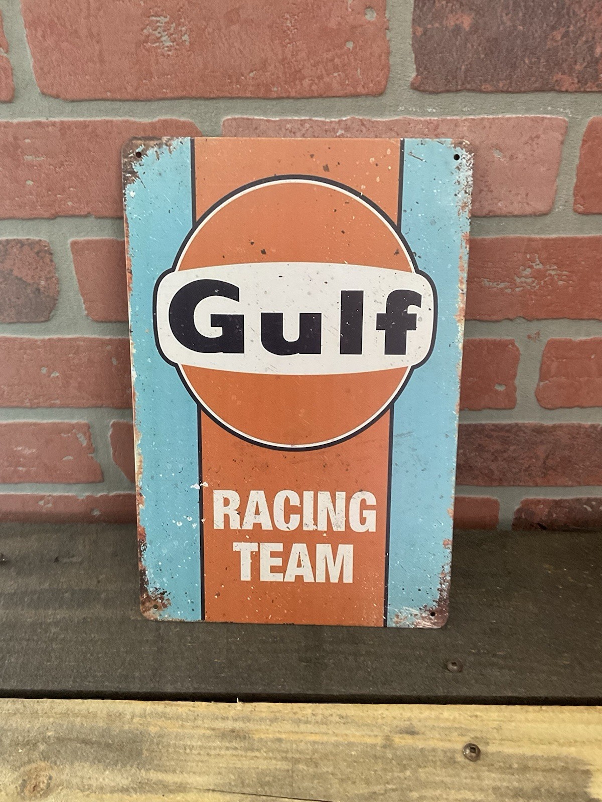 8″x12″ Vintage Patina Style “Gulf Racing Tem” Tin Advertising Sign