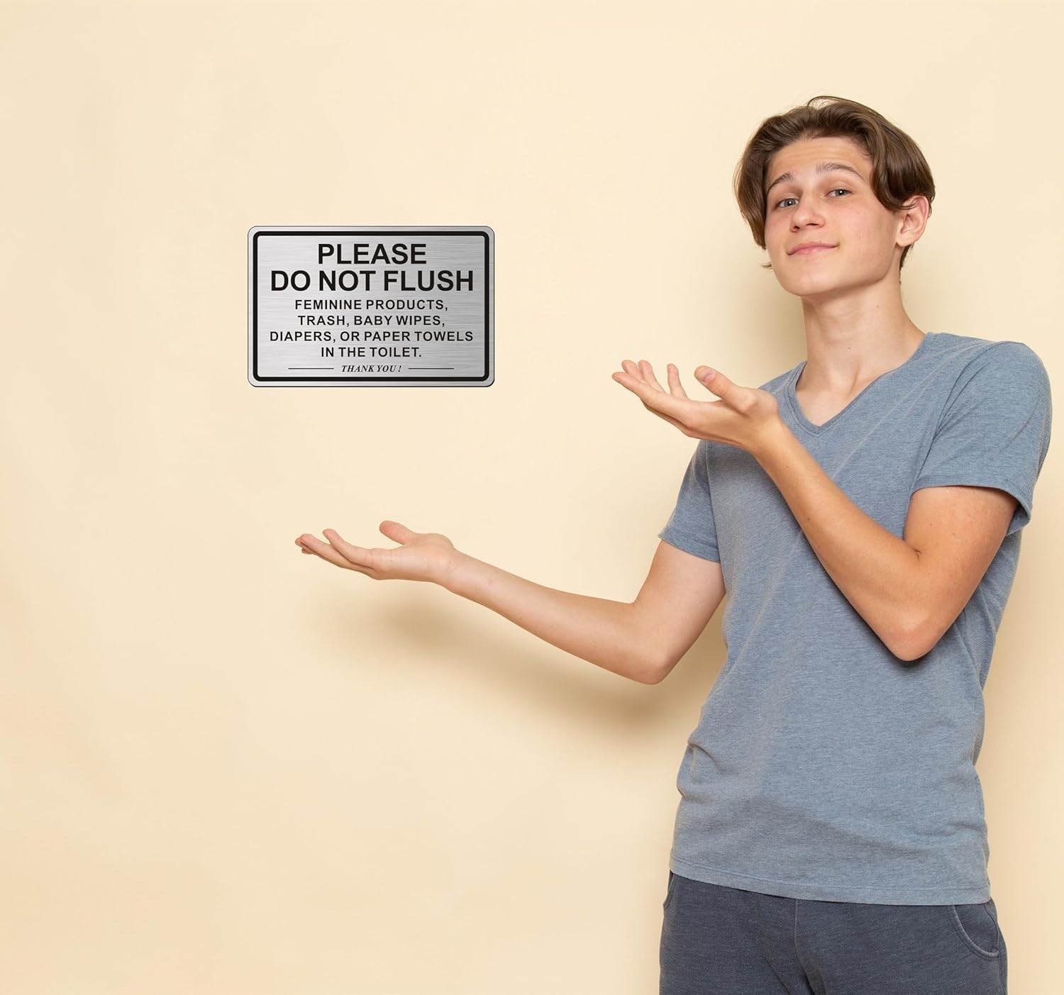 (2 PACK) Do Not Flush Sign for 9 x 6 inches, Brushed Aluminum /Black