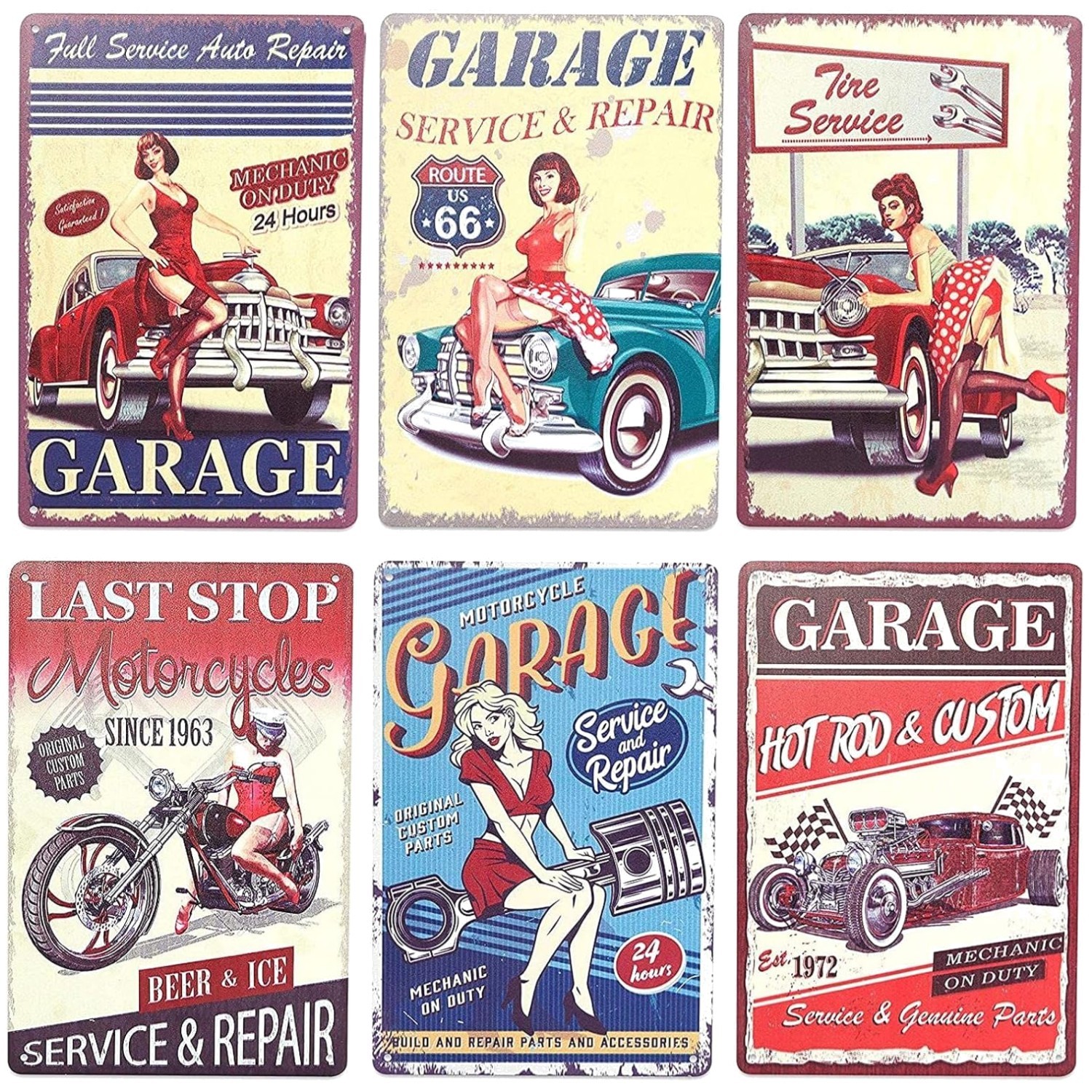 Rust-Resistant 6 Pack Vintage Cars Metal Signs 8×11.8 – Fun Garage Decor