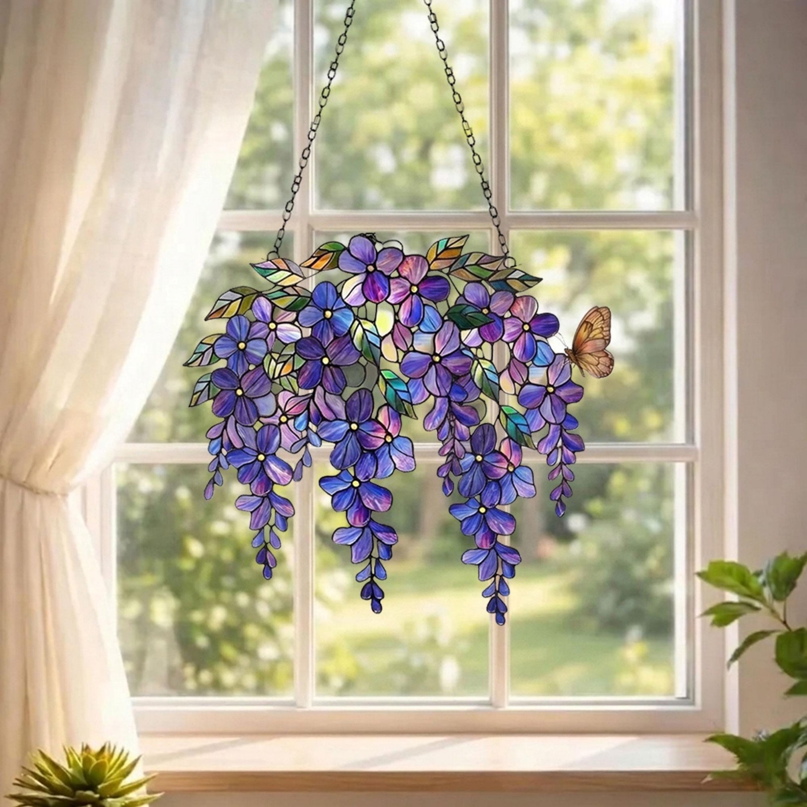 Purple Wisteria Acrylic Suncatcher, Stained Glass Style Floral Window Hanging