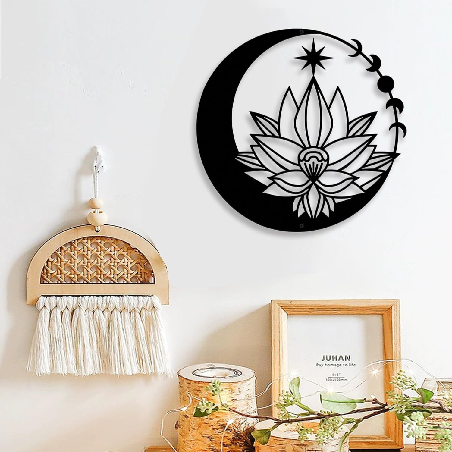 Moon Metal Floral Art Decor, 11″ Black Boho Floral Star Phase Wall Sign, Half Mo