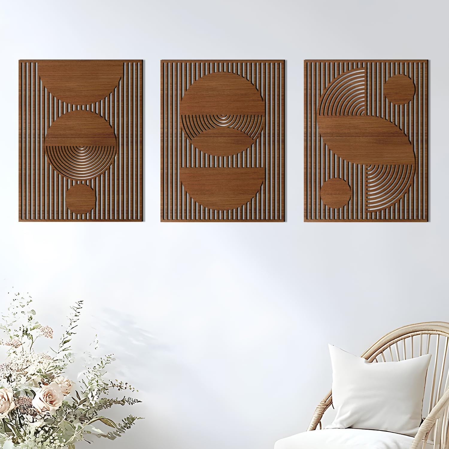 3 Pcs Abstract Wood Wall Art, Mid Century Modern Geometric Wood Wall Decor Mi…