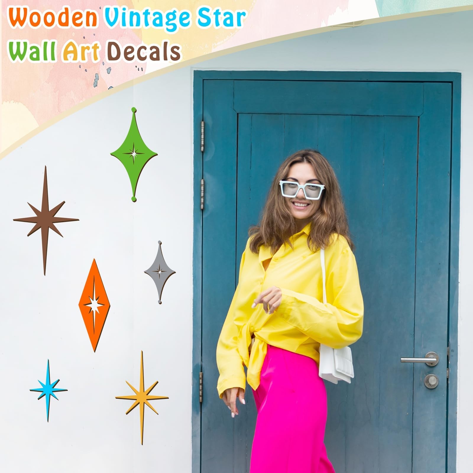 Colorful Wooden Star Wall Decor – 6 Pcs Mid Century Modern Art, Rustic Starburst