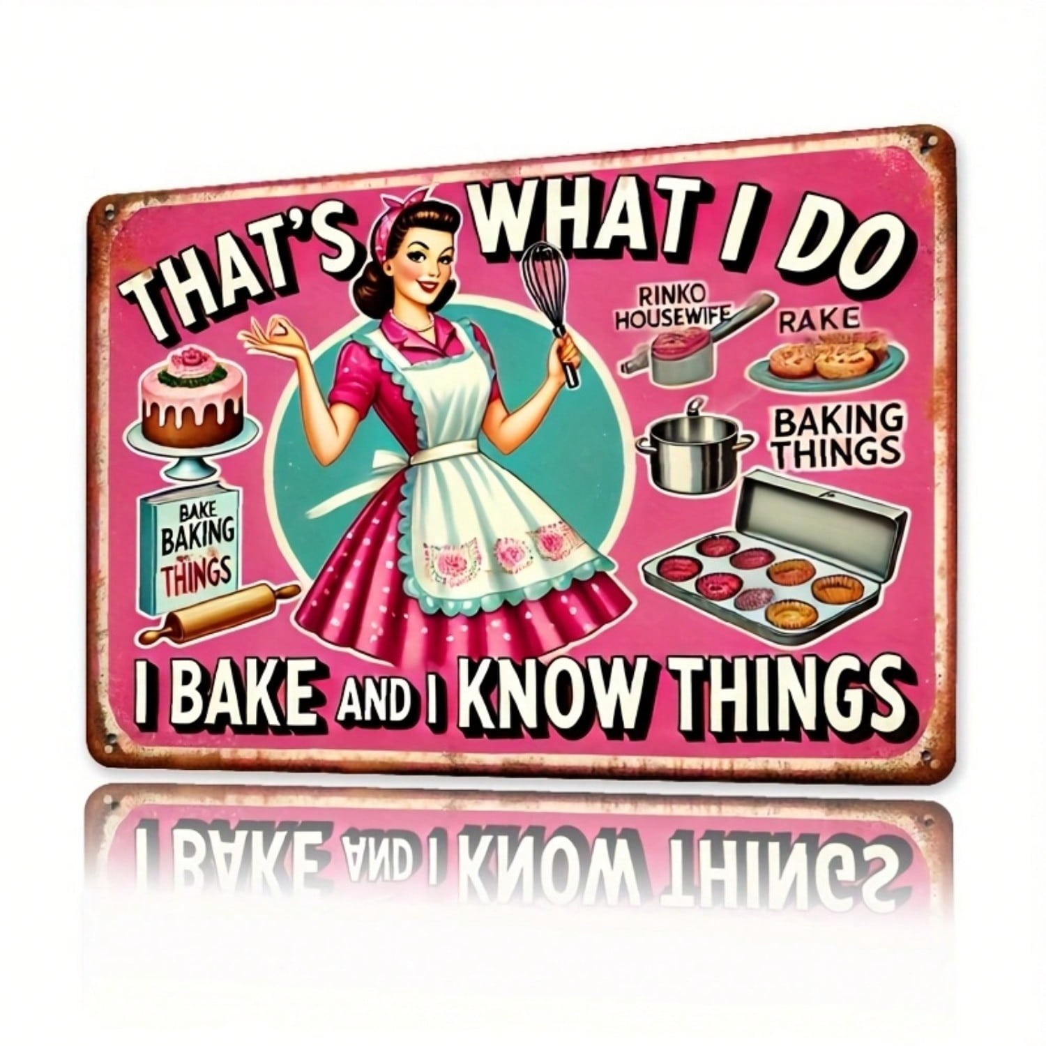 Retro Pink Baking Metal Tin Sign – Vintage 1950s Housewife Kitchen Metal Decor