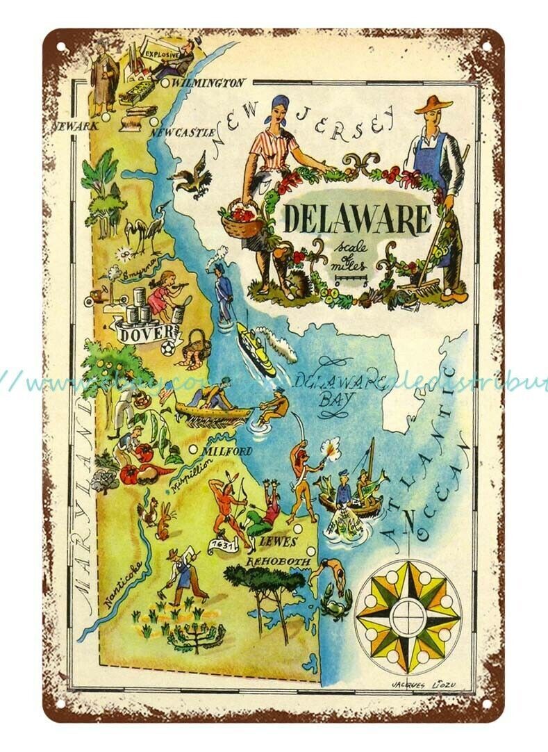pop shop decor Delaware Pictorial Map 1946 metal tin sign