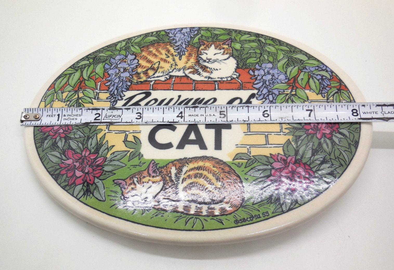 Vtg 92 Santa Barbara Ceramic Design Beware of Cat 8-3/8″ Oval Plaque Tile Sign