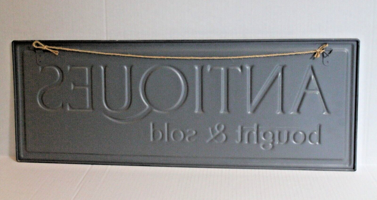 “Antiques Bought & Sold” Gray Metal Wall Sign 25 x 9″ Rustic Home Wall Decor