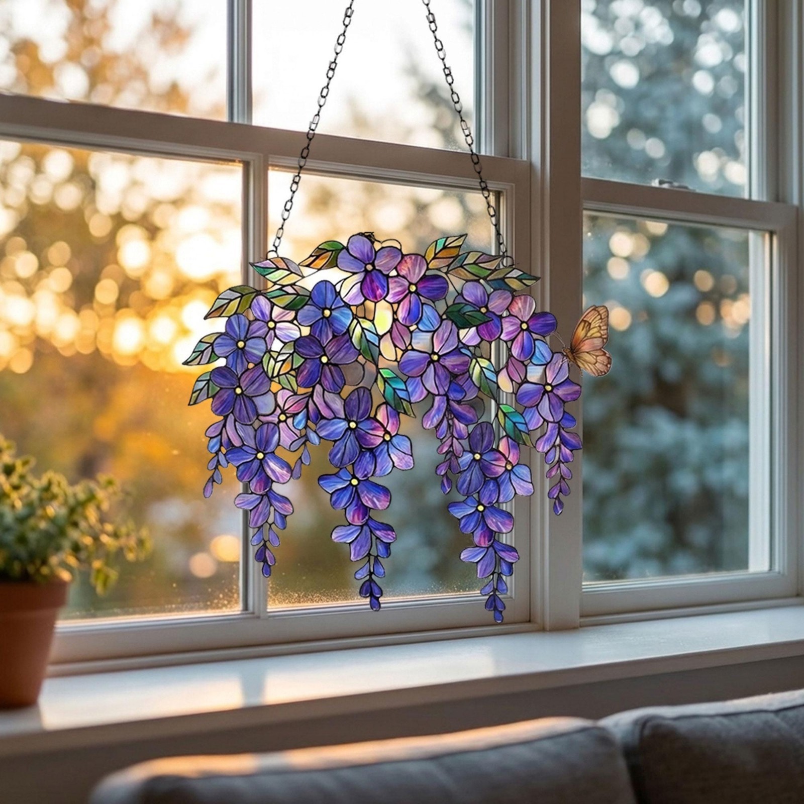Purple Wisteria Acrylic Suncatcher, Stained Glass Style Floral Window Hanging