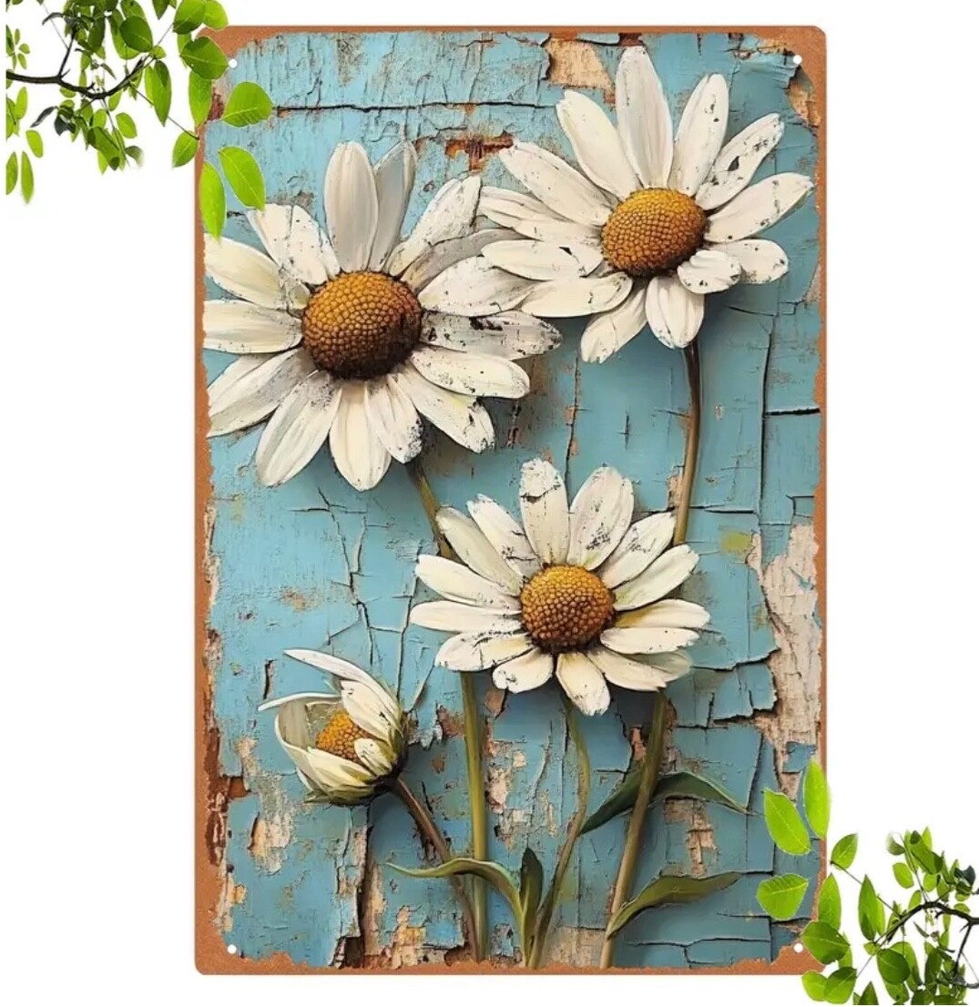 Vintage Metal Sign DAISIES French Country Floral 8 x 12
