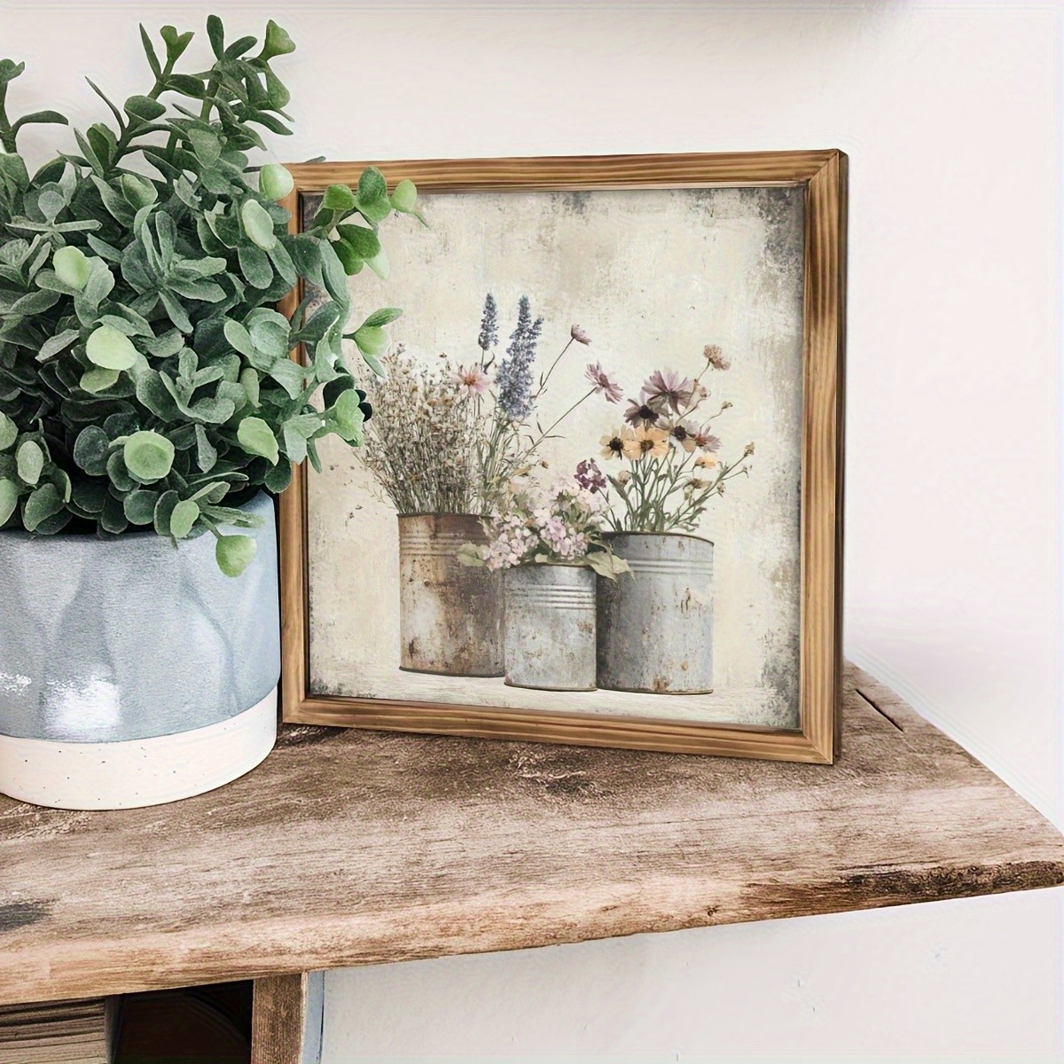 2D Vintage Dry Flower Wall Art Rustic Wood Frame Farmhouse Room Kitchen Decor
