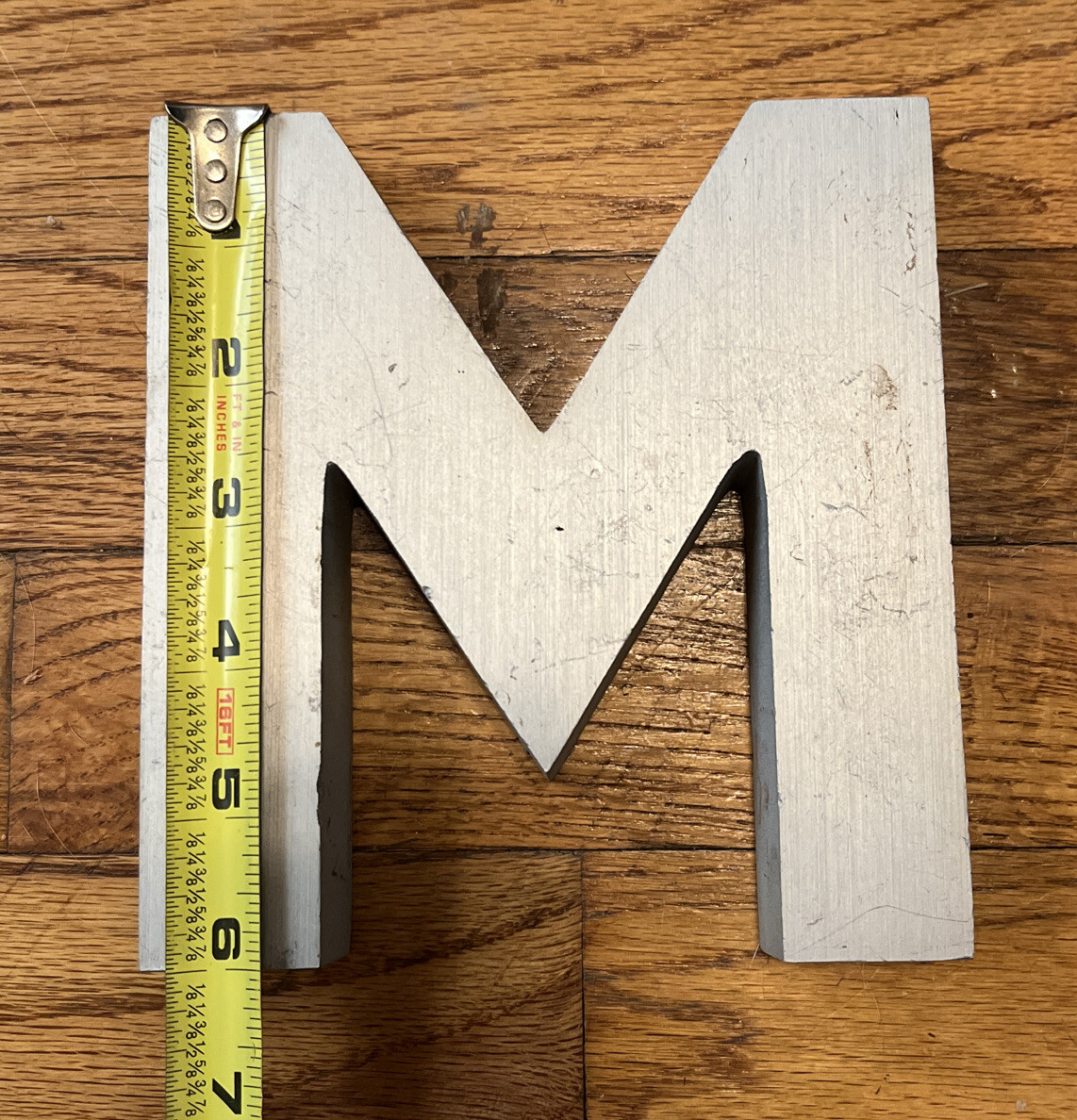 Vintage Industrial Aluminum Metal Sign Letter M, 6in. tall x 5.65in. wide.