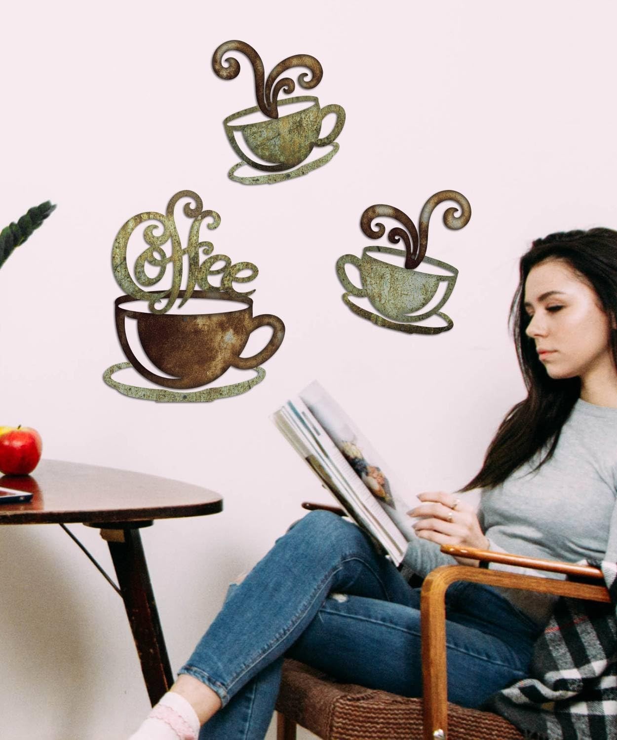Rustic Coffee Cup Metal Wall Decor, Vintage Coffee Bar Kitchen Wall Art, Set …