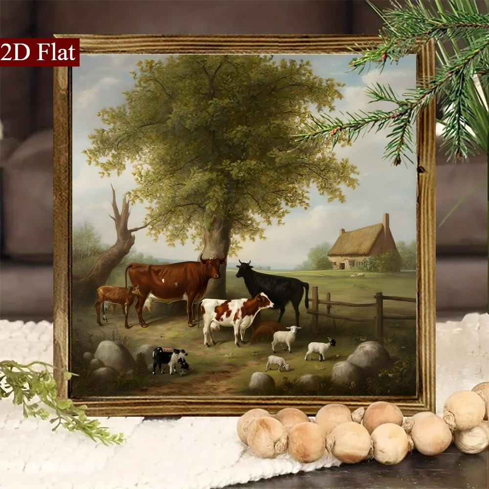 Vintage Farm Cow Sheep Pasture Landscape Wooden Plaque Farmhouse Wall Decoration