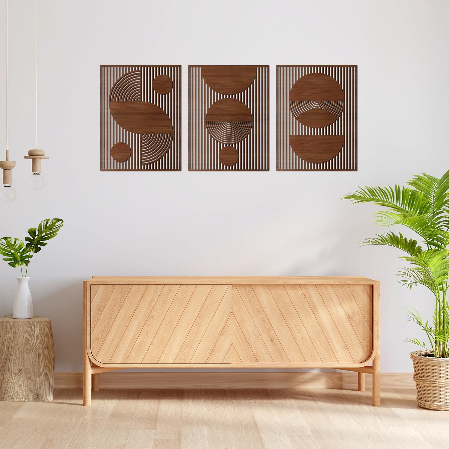 3 Pcs Abstract Wood Wall Art, Mid Century Modern Geometric Wood Wall Decor Mi…