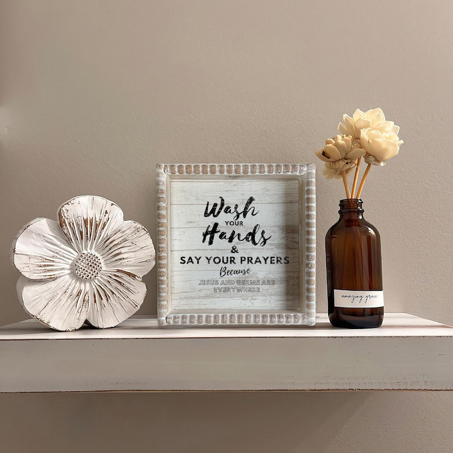 Boho Farmhouse Wooden Framed Bathroom Decor Signs, Funny Restroom Decorative Pla