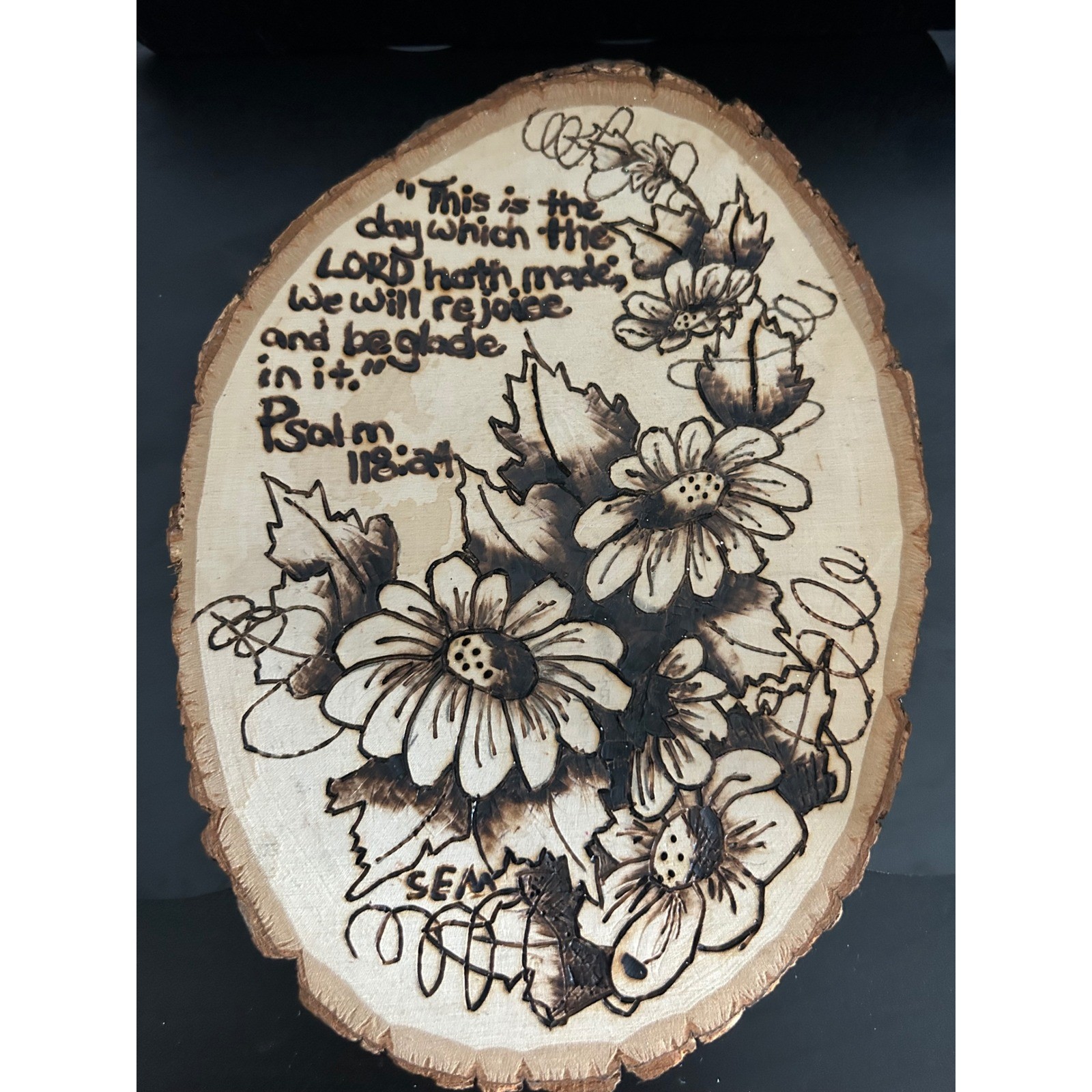 Wood Burned Wall Art Unisex Tan Good Psalm 118:24 Floral Live Edge Plaque