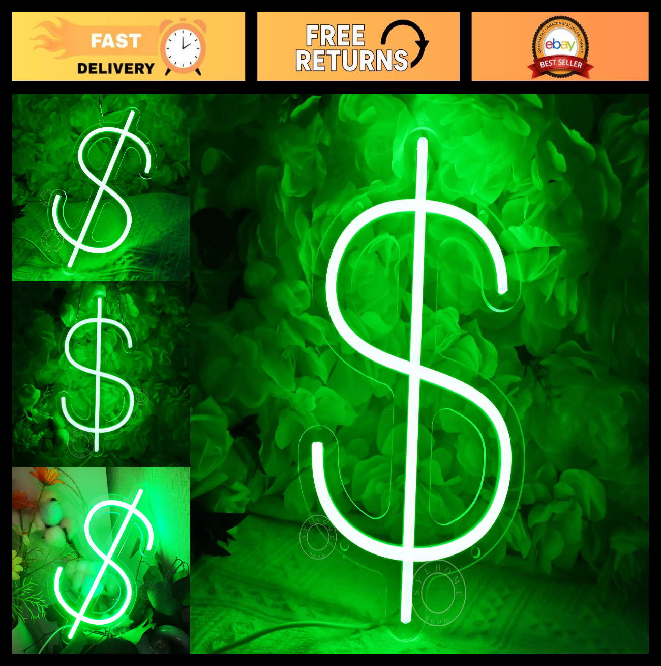 LED Dollar Sign Neon Light – Money Wall Decor for Home, Game Room, Bar, Office –