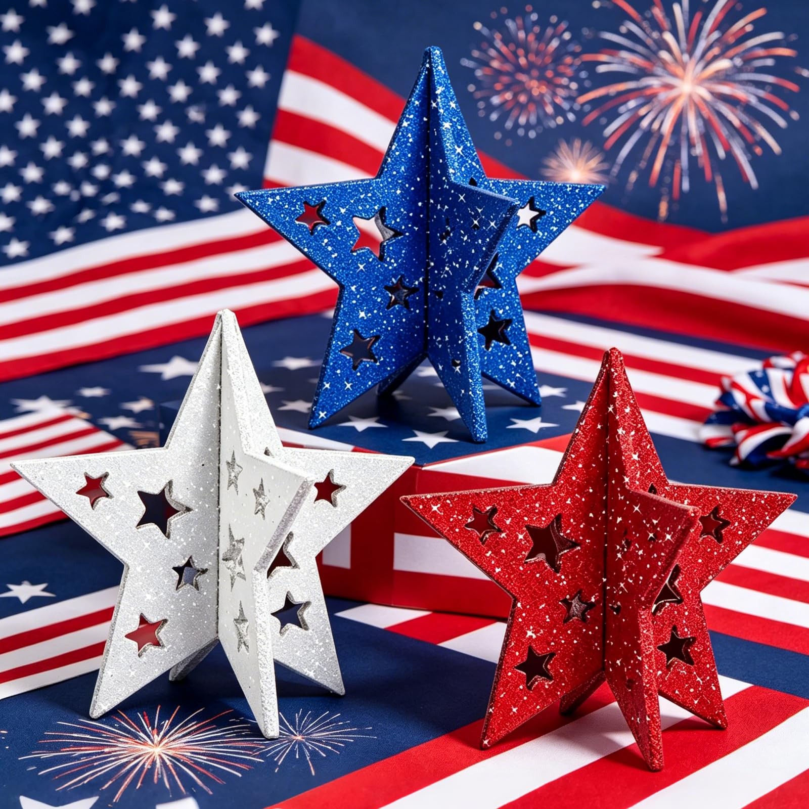 3 Pack Patriotic Wooden Stars 6-Inch Red White & Blue Glitter Tiered Tray Dec…