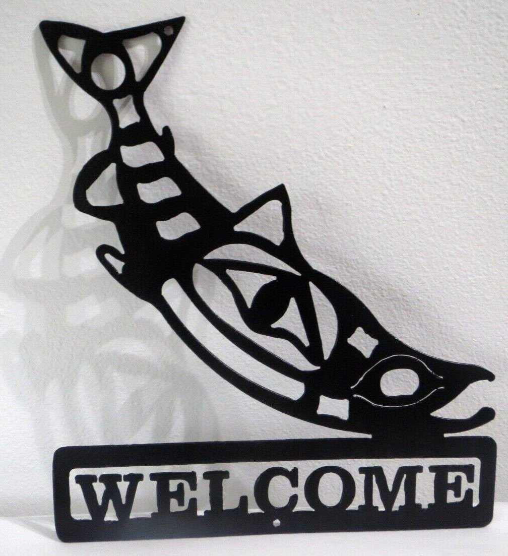 Cut Steel Northwest Native American Sockeye Salmon Welcome Sign Matte Black