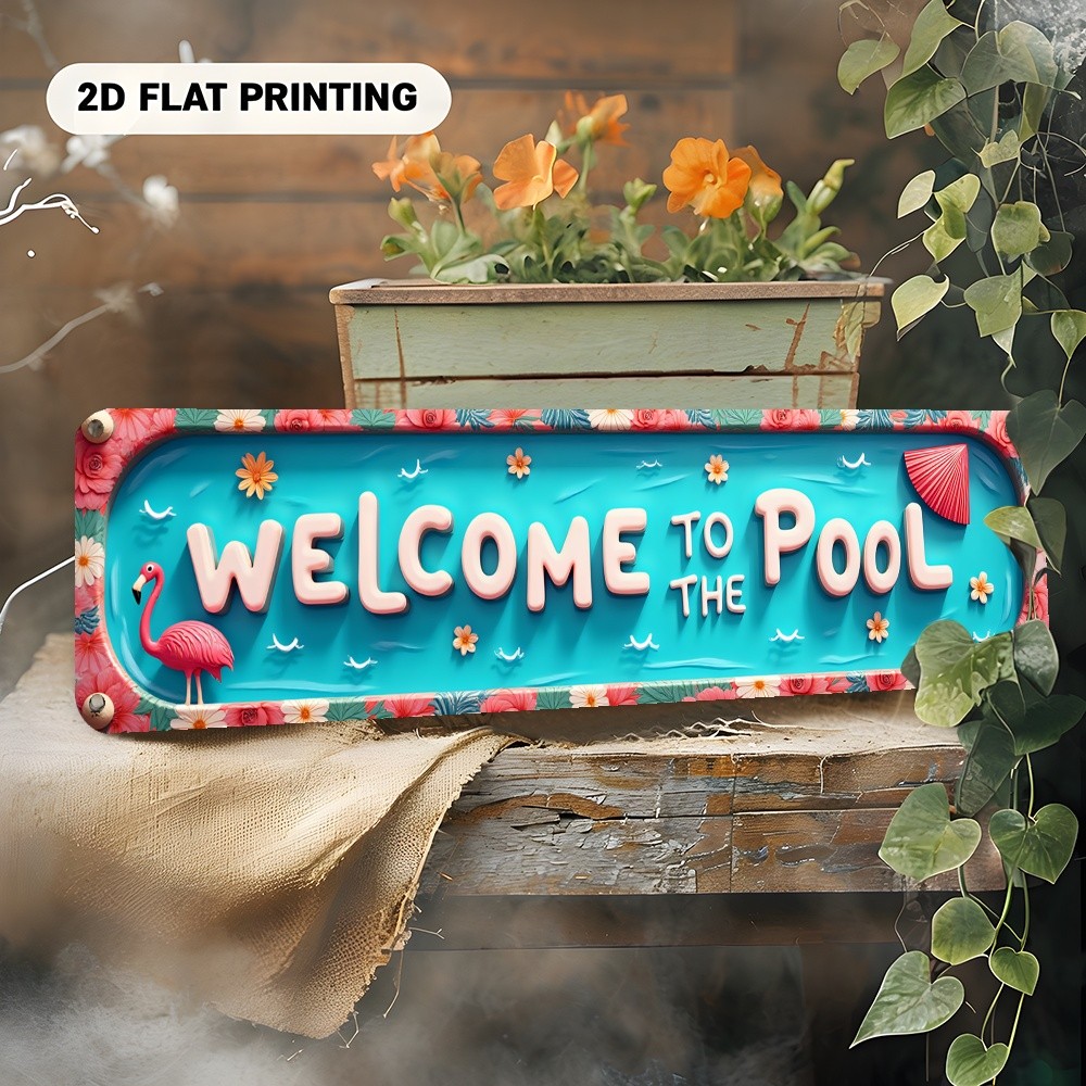 Metal Sign Flamingo Welcome To The Pool Vintage Tropical Backyard Poolside Decor