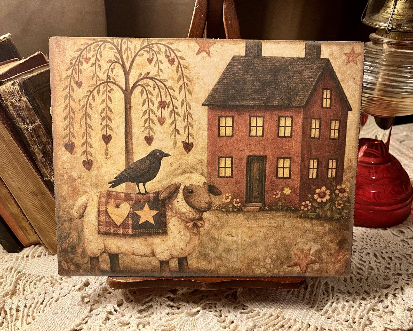Saltbox House, Sheep, Crow, Folk Art, Primitive Handcrafted Plaque / Sign