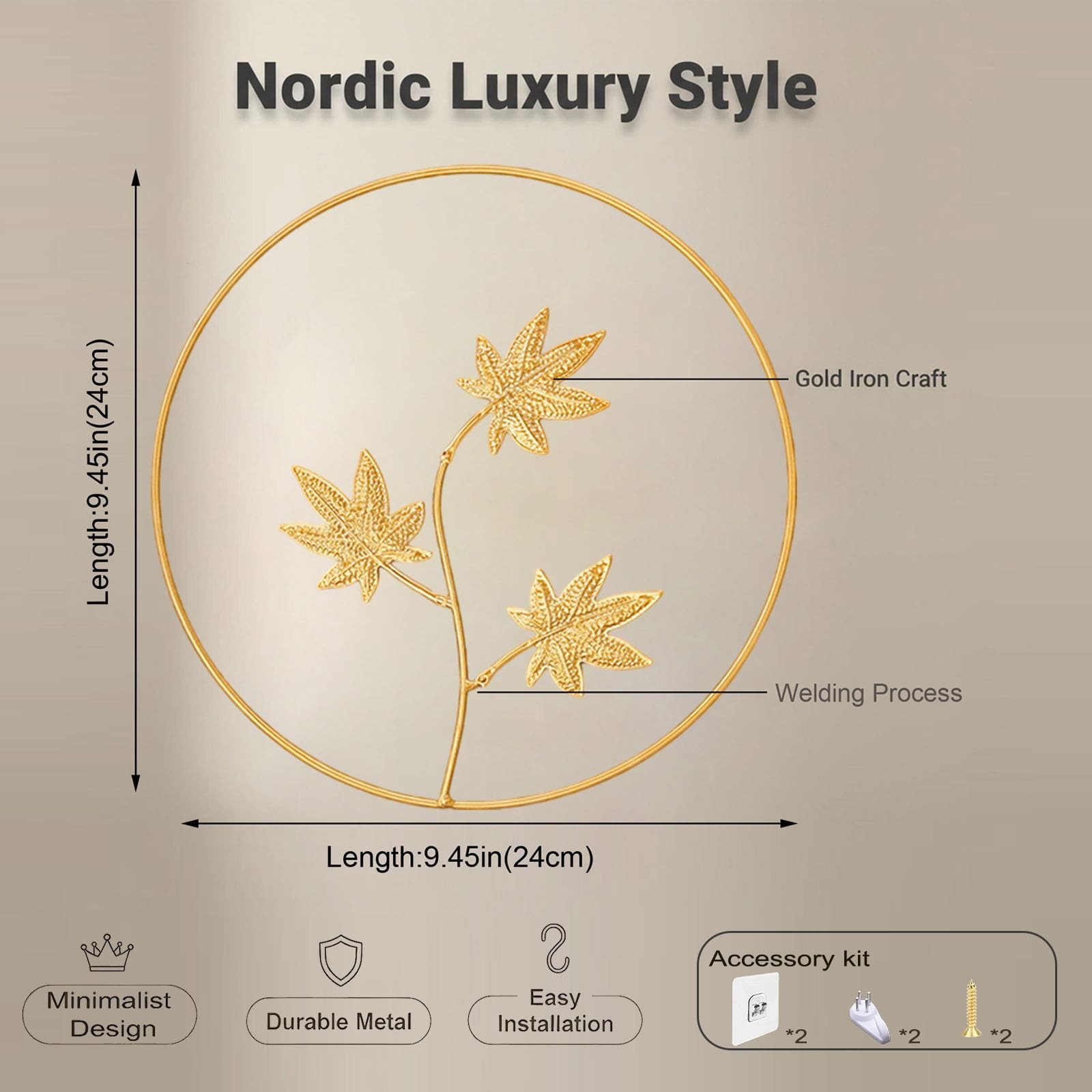 2Pcs Metal Gold Maple Leaf Wall Art – 9.5″ Handmade 3D Botanical Modern Tropi…