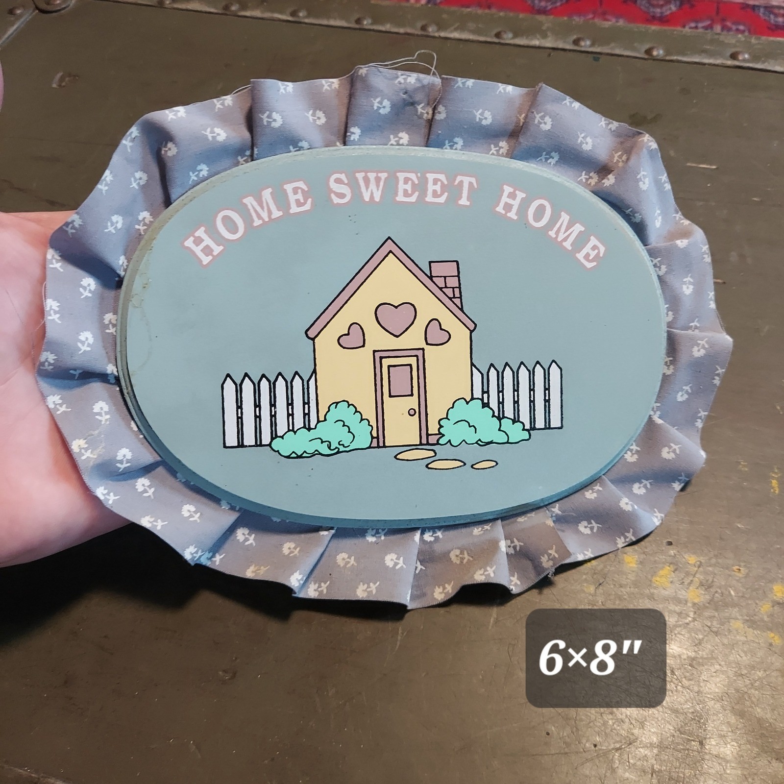 Vintage Home Sweet Home Wall Plaque Oval Wood House Floral Ruffle Cottagecore
