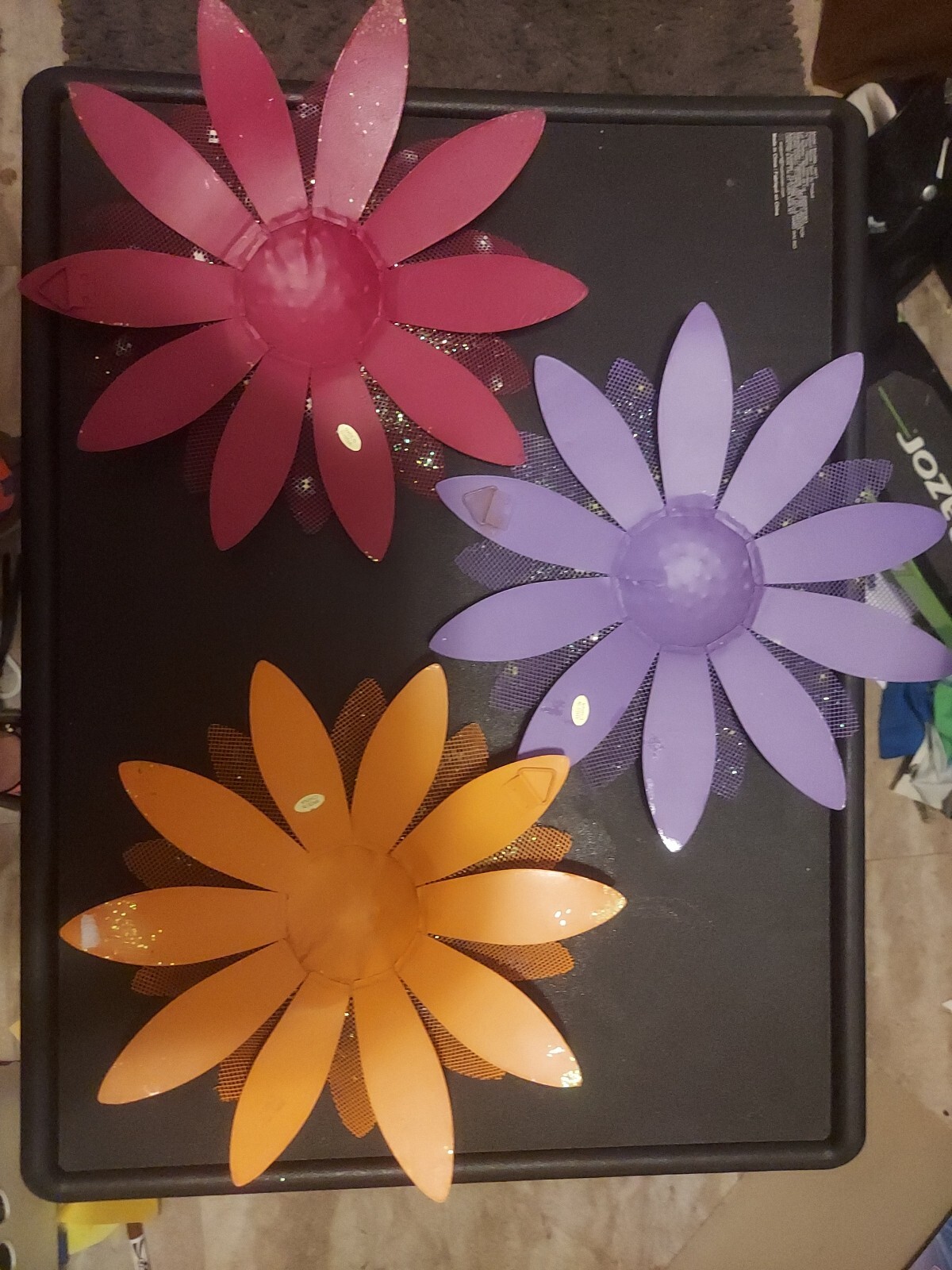 Metal Wall Art-Colorful Flowers Decor-3 Pieces-Medium Size-Red, Purple, Orange