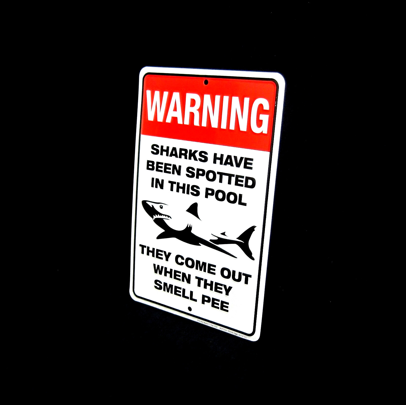 SHARKS Spotted in Pool -*US MADE* Embossed Metal Sign -Man Cave Garage Bar Decor
