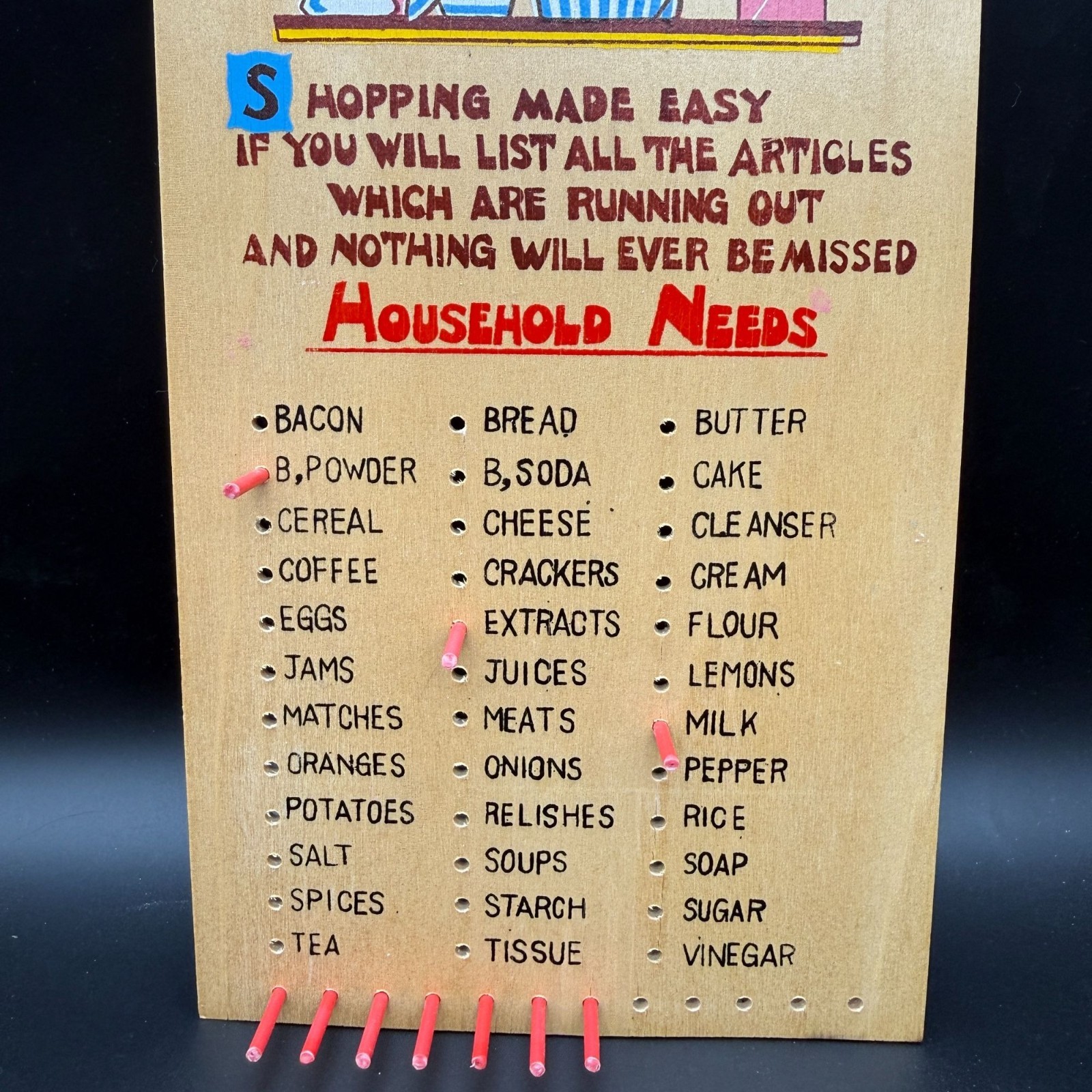 Vtg Wooden “Shopping Made Easy” Grocery Peg Board – 1950s Kitchen Decor Japan