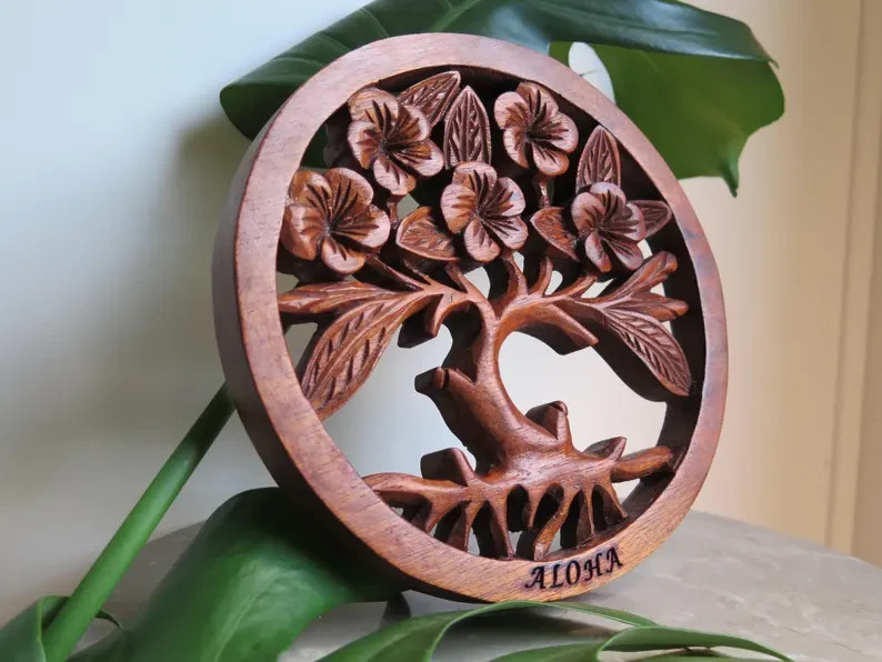 Hawaii Hand Made Solid Wood Polynesian 8″ Tree of Life Engraved Carving