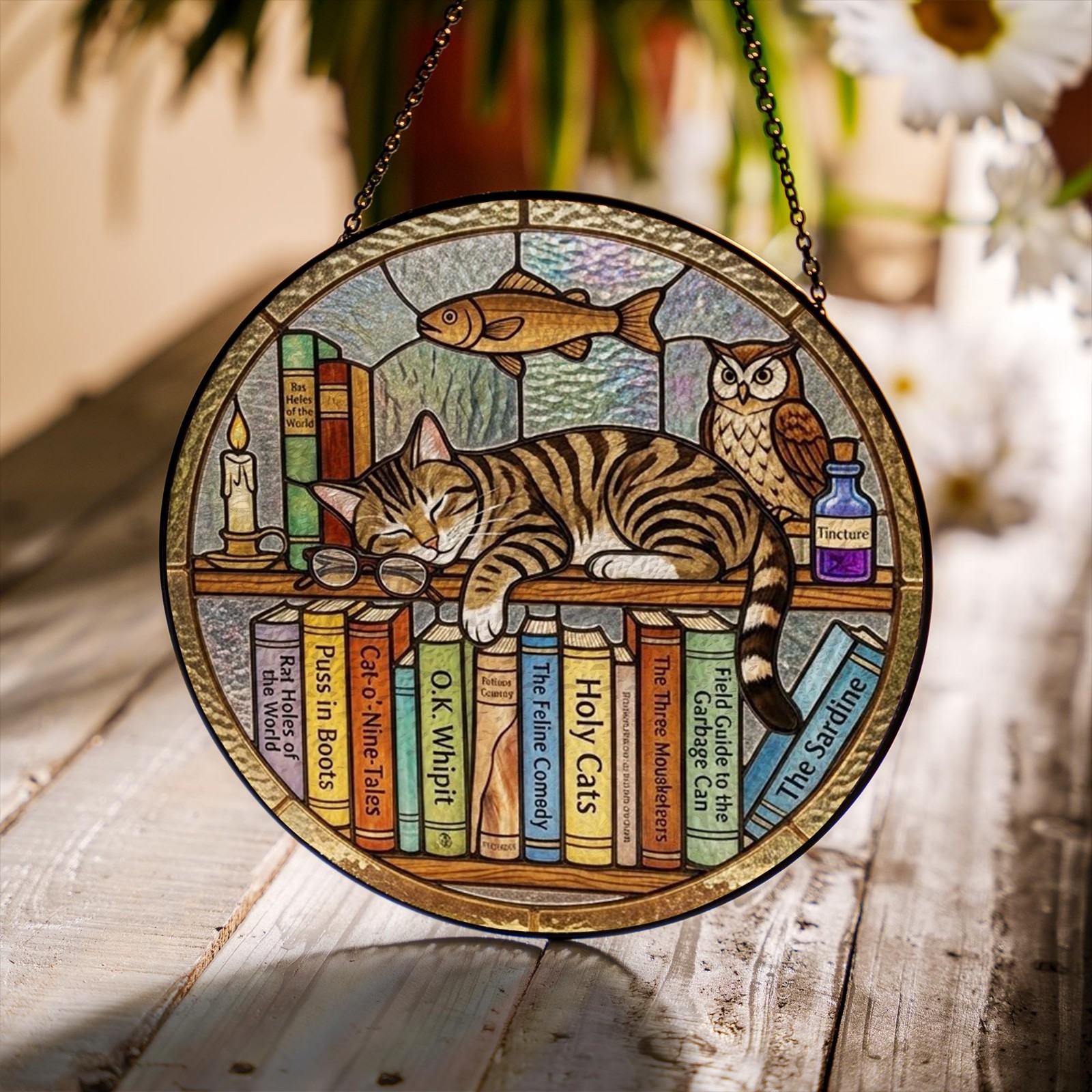 Sleeping Cat Bookshelf Stained Glass Suncatcher,Cozy Library Book Window Hanging