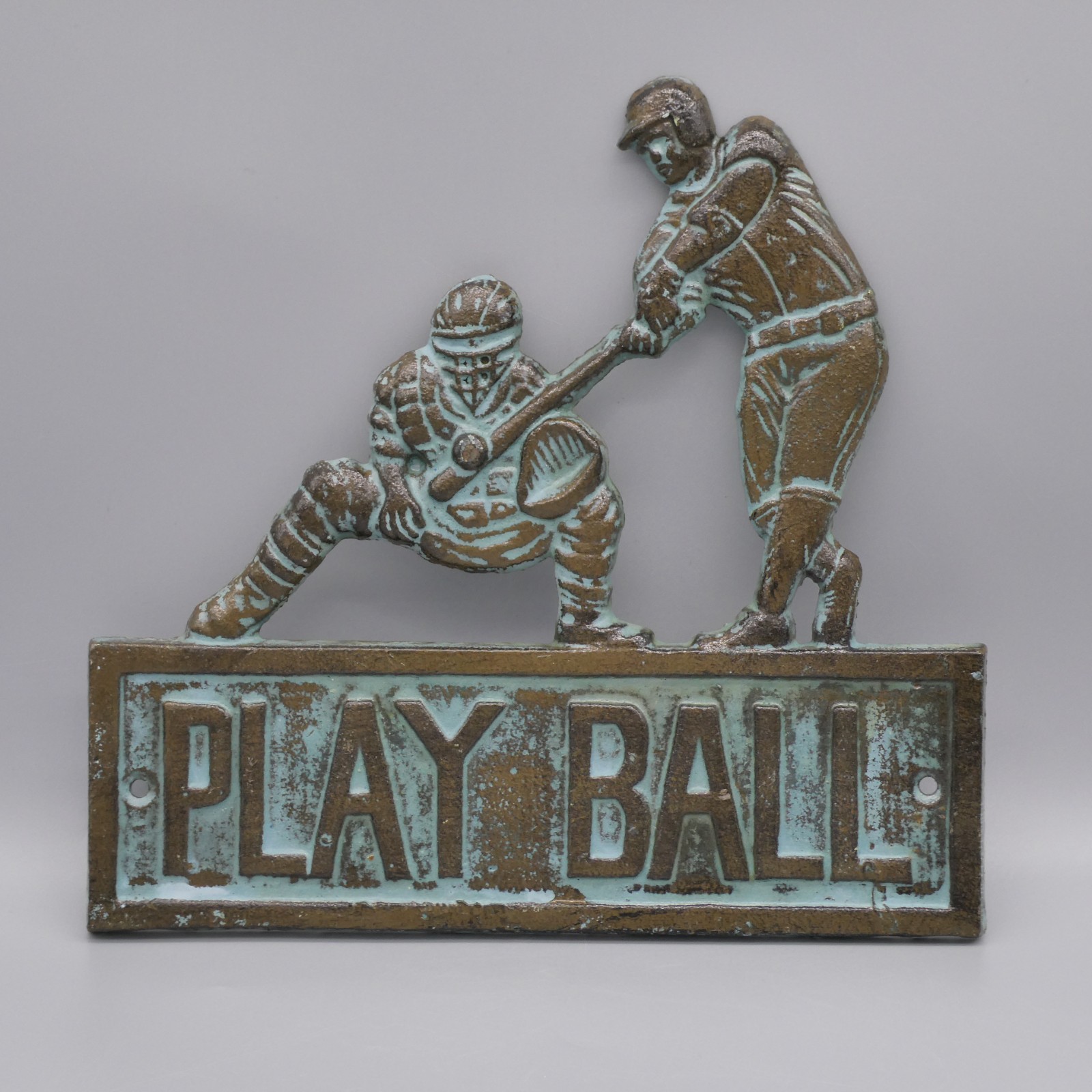 PLAY BALL Baseball Cast Iron Wall Plaque Batter Catcher Brown Green Patina 8.5″