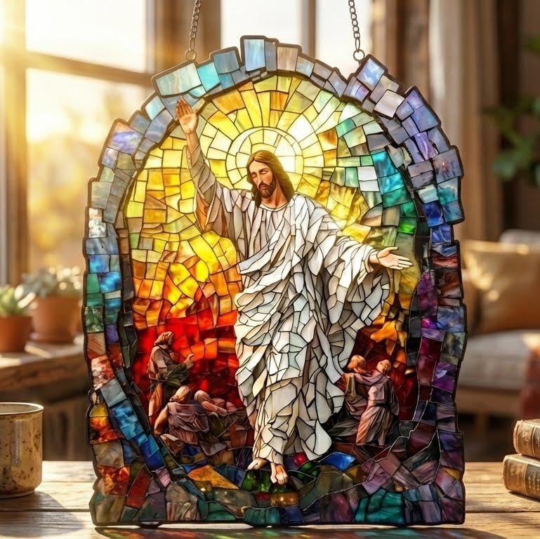 Jesus Resurrection Suncatcher, Christian Stained Glass Style Window Hanging