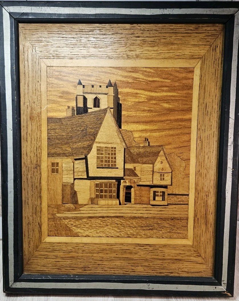 Vintage Wood Marquetry Inlay Village Scene Wall Art England Nov 1955 Framed