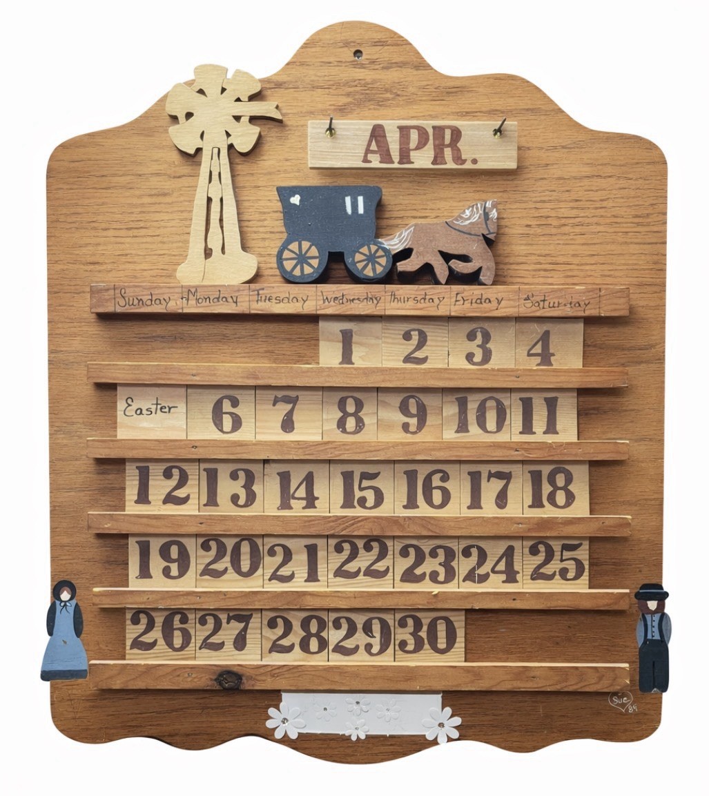 Amish Wooden Perpetual Calendar Folk Art Wall Hanging Handmade Rustic