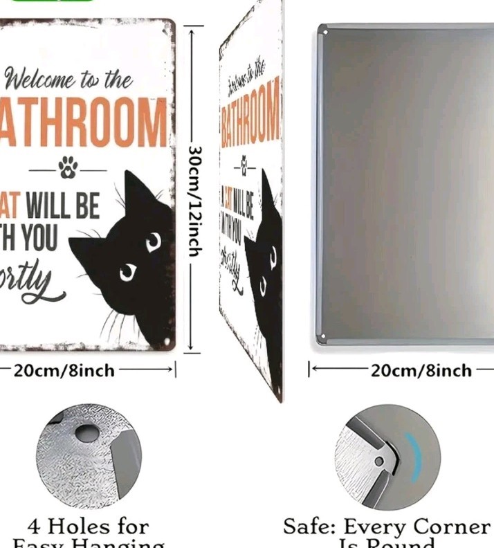 Funny Cat Bathroom Sign 8×12 Metal Wall Decor Retro Black Cat Gift House Humor