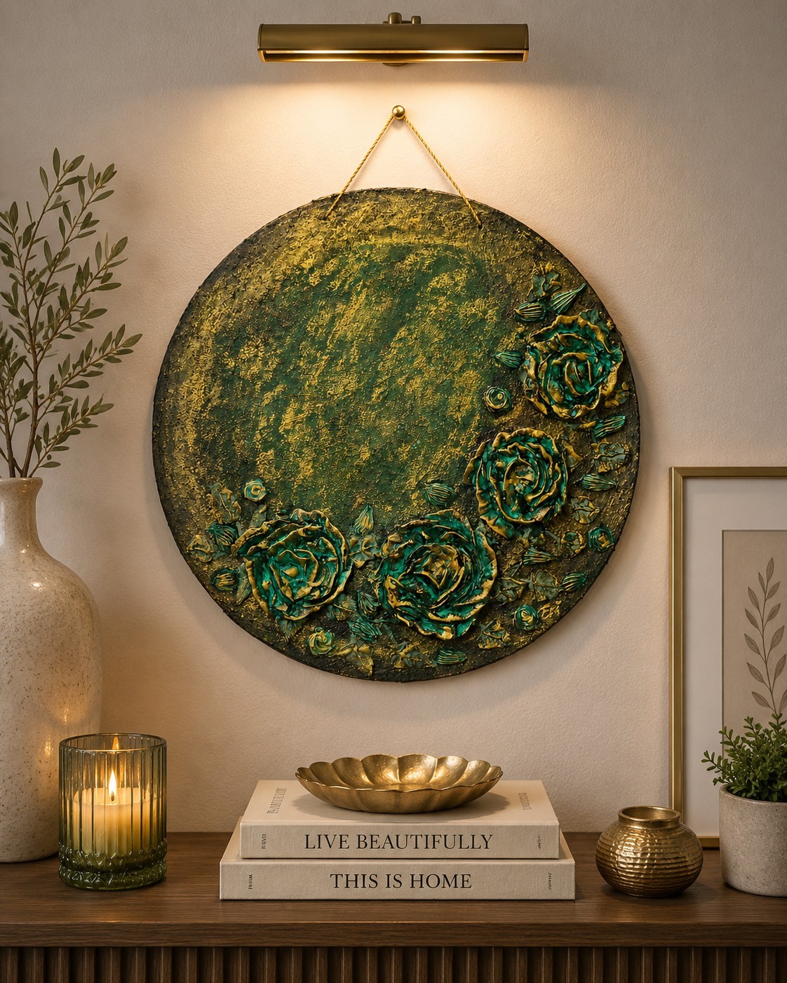 Textured Green & Gold Round Wall Art, Floral Relief Hanging Decor 3D