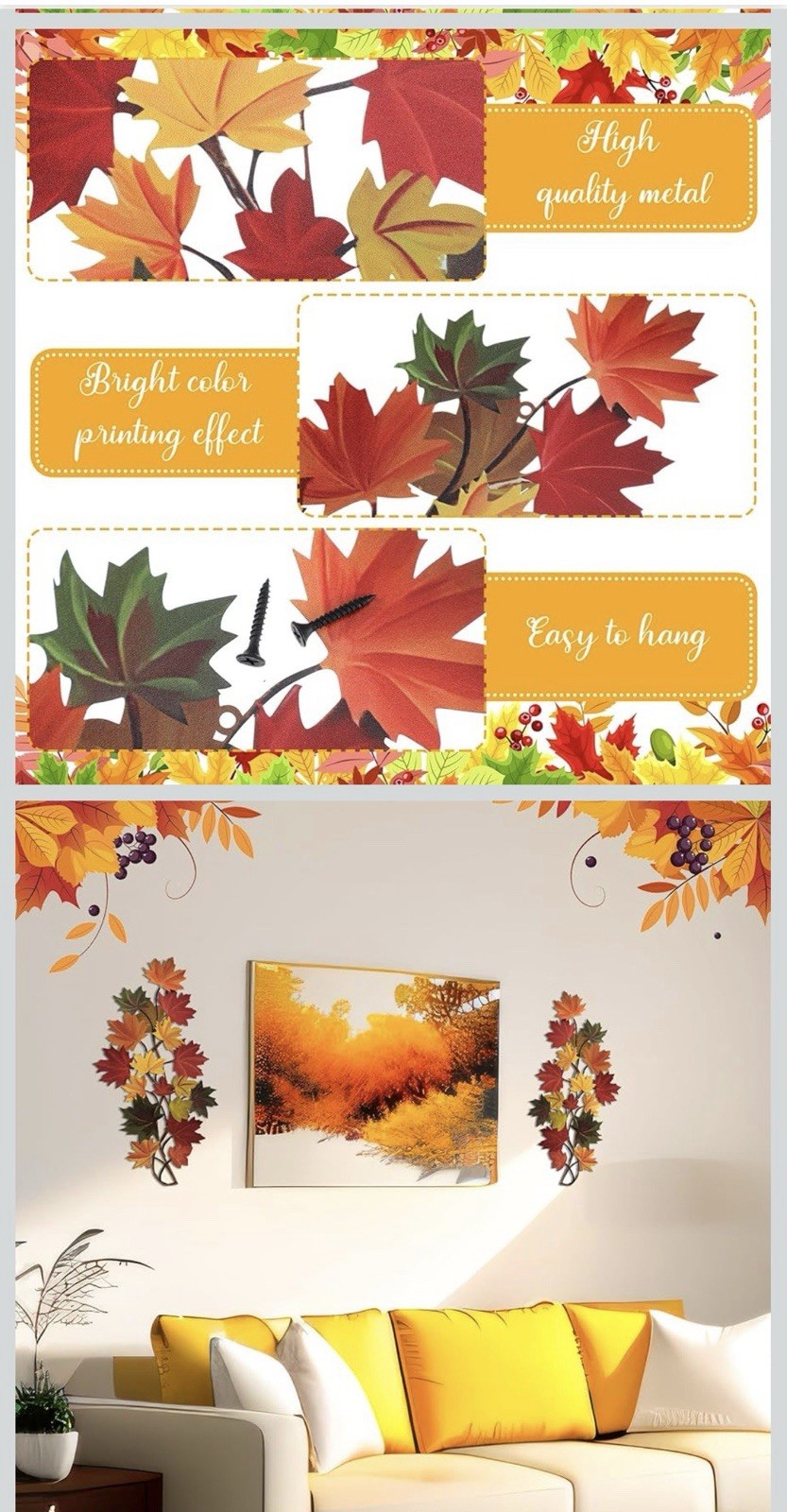Metal Tree Leaf Wall Decor 2 PCS Rustic Vine Branch Art 15.75 Inch Indoor Outdo